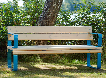 park bench in blue with back and armrests